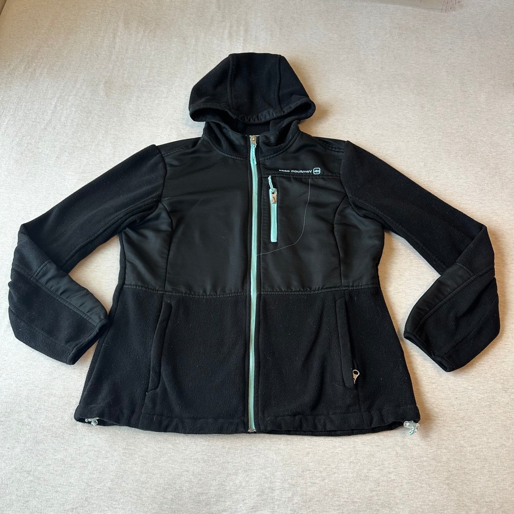 Free Country Womens Medium Black Hybrid Fleece Hooded Jacket Mint Green Zip